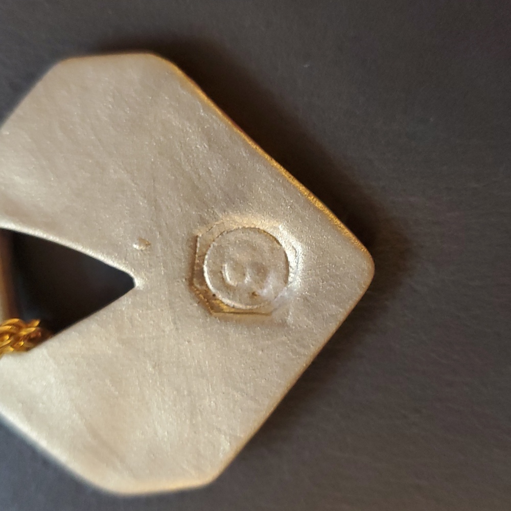 Vintage Gold Purple Blue Hand Painted Artist Signed Geometric Pendant Necklace - Picture 6 of 12